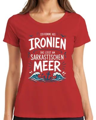 Productafbeelding van T-shirt voor dames, rood, maat 3XL, met de tekst: "Ik kom uit een oceaan van ironie en sarcasme. Anker." (Sarcasme)