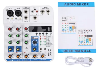 Zdjęcie produktu dla 4-kanałowy mikser dźwięku z cyfrowym pogłosem DSP, modułem USB, Bluetooth i MP3, wejściami XLR, 6,35 mm i 3,5 mm oraz zasilaniem fantomowym 48 V – do transmisji na żywo, domowego KTV i karaoke – kolor biały