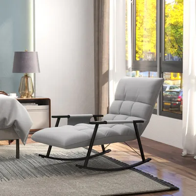 Produktbild von Schaukelstuhl verstellbar, Relaxsessel Mikrofaser, Schwingsessel mit Fußstütze & Seitentasche, Grau | 60x134x70 cm | Stahlrahmen