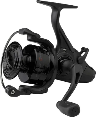 A black fishing reel is shown against a white background.