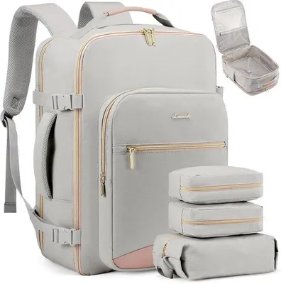 Produktbild von Wasserdichter Reisetravel Rucksack 40L, Laptoptasche für 17 Zoll, Reisegepäck für Geschäftsreise und Wandern, Grauer Koffer für Damen