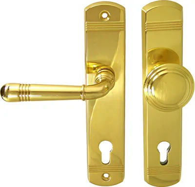 A brass door handle set with a lever handle and a round knob, both mounted on rectangular plates with keyholes.