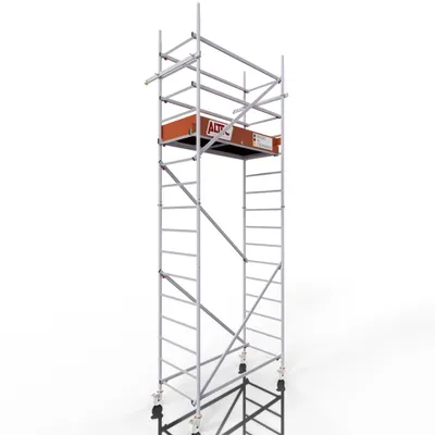 A tall, silver scaffolding tower with an orange platform and black wheels, set against a white background.