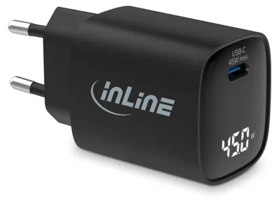 Produktbild von InLine USB PD Netzteil, GaN Ladegerät, 1-Port, USB-C, 45W, mit Display, Drinnen, AC, 20 V, Schwarz