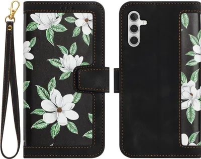 Produktbild von Für Samsung Galaxy S25 5G Kunstleder Wallet Handy Tasche Blumen Design Hülle Etuis Schwarz