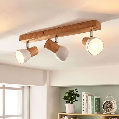 Produktbild von Lindby Landhaus / Vintage / Rustikal Ländlicher 3-flammig Spotbalken-flammiger DeckenSpot / Spotlight / Deckenspot / Deckenstrahler / Strahler / Lampe / Leuchte Holz mit weiß - Thorin / Innenbeleuchtung / Wohnzimmerlampe / Küche /Stahl Länglich LED geeignet E14 Max. 3 x 40 Watt
