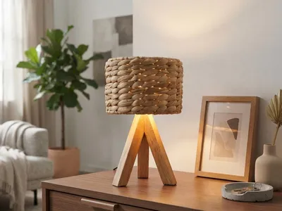 Produktbild von Kleine Boho Tischlampe mit Holz Dreibein & E14 Schirm Wasserhyazinthe, Höhe 26cm