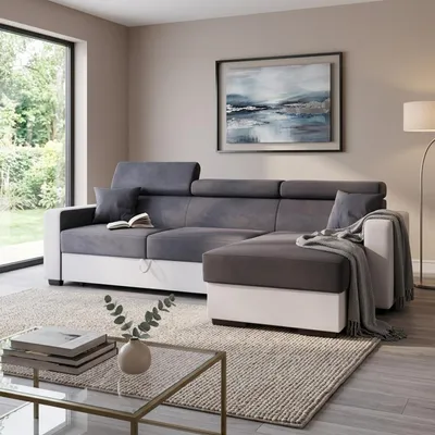 Produktbild von GOLDSTOFF DIWIA Ecksofa 202 x 130 cm mit Schlaffunktion & Bettkasten – Schlafsofa L-Form mit Kopfstützen Stauraum (grau+Weiß)
