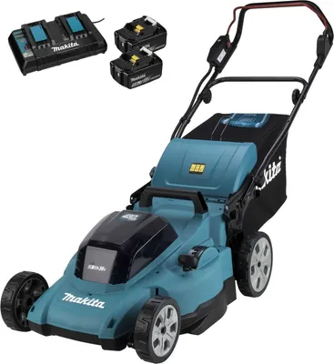 A cordless lawnmower with batteries and a charger, presented against a white background.