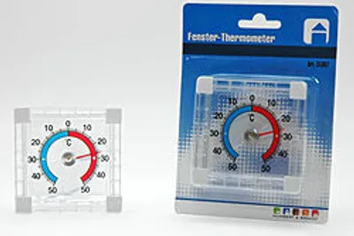 A window thermometer in its packaging, and a separate thermometer.