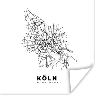 Produktbild von MuchoWow® Poster Karte - Köln - Schwarz-Weiß - Stadtplan 75x75 cm - Wand Dekoration