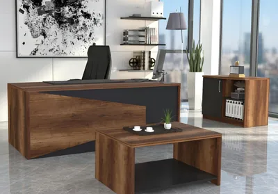Produktbild von Schreibtisch Set Holz Grau mit Sideboard und Couchtisch modern
