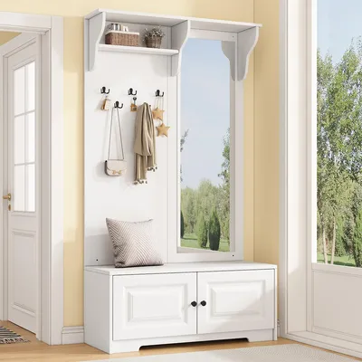 Produktbild von Garderobenset mit Spiegel und Schuhschrank Flurgarderobe Flurmöbel Wandgarderoben-Set 100*40*180cm Weiß