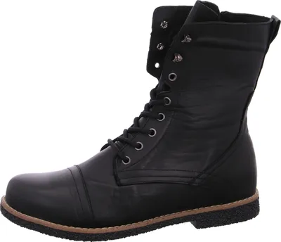 A black leather boot on a white background.