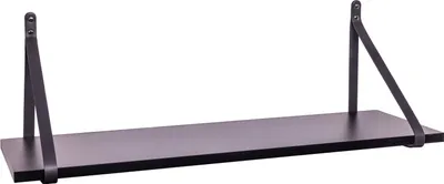 A black shelf with black leather straps suspended from above.