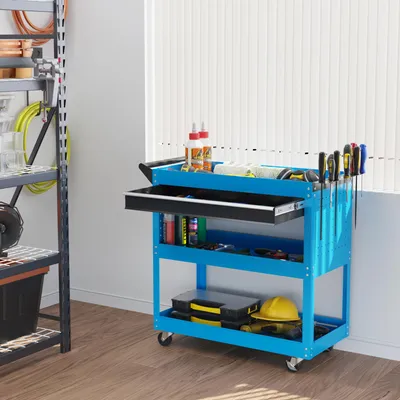 Produktbild von 3 Ebenen mit Schublade, Werkzeugwagen Werkzeugkoffer, Werkzeugtrolley Stahl, Blau | 4 Rollen mit Bremsen | 60 kg Tragfähigkeit | 82 x 35 x 76 cm