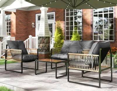 Produktbild von Gartenmöbel-Set, 4-teilig, Sofa, 2 Stühle, Tisch mit Glasplatte,Terrassenmöbel-Set Balkon