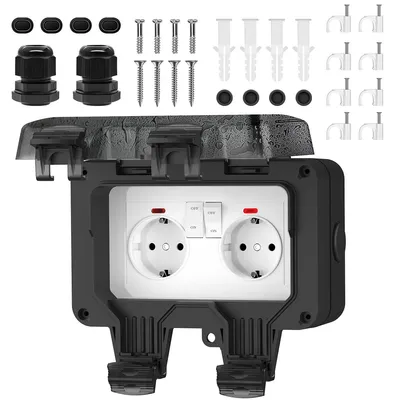Produktbild von Feuchtraum Steckdose, wetterfeste Außensteckdose mit 2 Schuko Anschlüssen, Schalter, LED-Anzeige, für Garten und Außenbereich