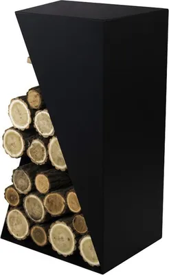 A black firewood rack filled with logs.