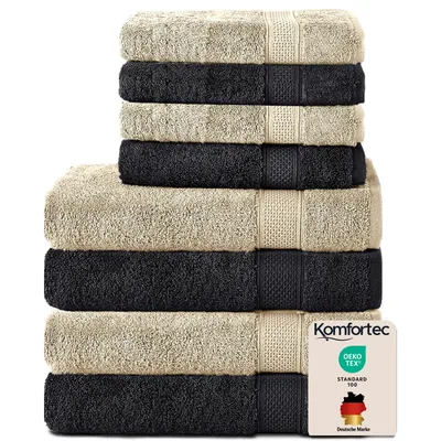 Produktbild von Komfortec 8er Handtuch Set aus 100% Baumwolle, 4 Badetücher 70x140 und 4 Handtücher 50x100 cm, Frottee, Weich, Towel, Groß, Schwarz/Beige