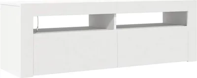 A white TV stand with two open compartments on top and two closed cabinets below.