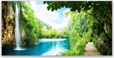 Produktbild von Glasbilder 120x60 Wandbild Druck auf Glas Wasserfall See Bäume Natur