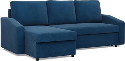 A dark blue sectional sofa with a chaise lounge is shown against a white background.