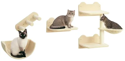Produktbild von Kletterwand-Set für Katzen, 4-teilig, mit Katzentreppe, Hängematte, Plattform und Kratzbaum, Beige