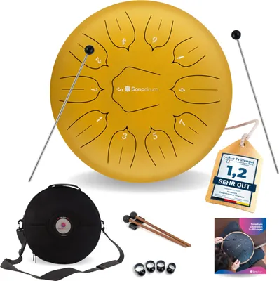 Produktbild von Sonodrum Zungentrommel: C - Dur in Gold - 30 cm mit 11 Tönen, Steel Tongue Drum inkl. Liederbuch, Schlägel, Fingersticks und Tragetasche