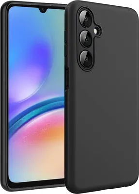 A black phone case is shown on a white background, with a smartphone partially visible on the left.