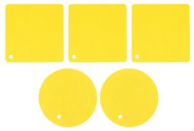 Image de 5 tapis en silicone alvéolés, 2 ronds et 3 carrés, tapis de protection thermique polyvalents pour vaisselle et tables, couleur jaune