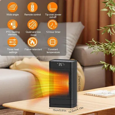 Productafbeelding van PTC Keramische Ventilator Kachel 1500W - Energiezuinig, Stil, 4 Verwarmingsstanden, 70° Oscillatie, Timer & Afstandsbediening