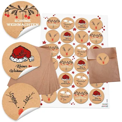 Produktbild von 10 braune kleine natur Papier-Tüten Tütchen Weihnachtstüten (10,5 x 15 cm) + 24 runde Weihnachts-Aufkleber mit Text 4 cm; schwarz-rot-weiß (14126) Verpackung für Weihnachtsgeschenke zum Befüllen24 Stück