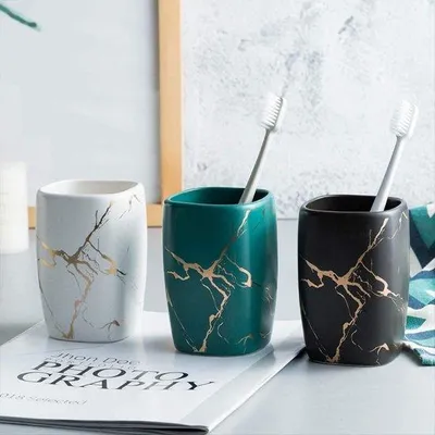 Immagine prodotto di Portadentifricio in Vetroceramica effetto marmo, portadentifricio, accessori da bagno, 10,8 x 7,2 cm, Zartes Keramik