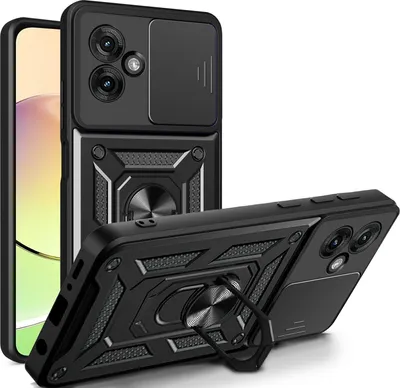 A black phone case with a ring holder and camera cover is displayed against a white background.