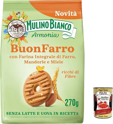 Produktbild von 12x Mulino Bianco BuonFarro, Kekse, Mürbeteigkekse mit Dinkelvollkornmehl, Mandeln und Honig, 270g + Italian Gourmet polpa 400g