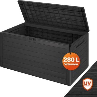 Produktbild von CASARIA Garten- & Kissenbox Anthrazit 116x43cm Holz-Optik UV-beständiger Kunststoff (Polypropylen) mit Griffmulden und Verschluss werkzeugloser Aufbau für Balkon Terrasse Innenbereich nicht zum Sitzen/Stehen geeignet