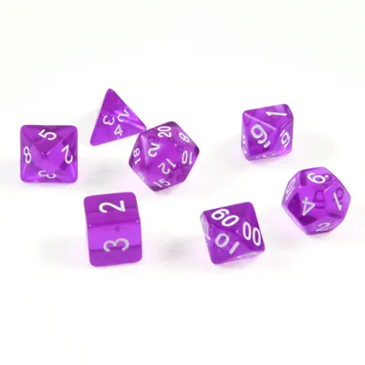 Produktbild von 7 polyedrische Würfel für Rollen- und Tabletopspiele in transparent / lila mit Beutel