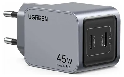 Imagen del producto de UGREEN Nexode Pro, cargador rápido de 45W con doble puerto USB-C y tecnología GaN, color gris, compatible con enchufes de la Unión Europea