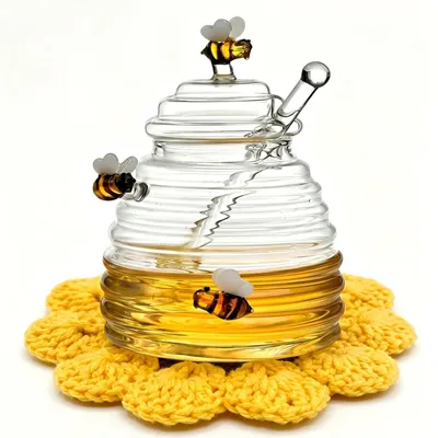 Honigdispenser aus Glas 500 ml mit Deckel & Untersetzer
