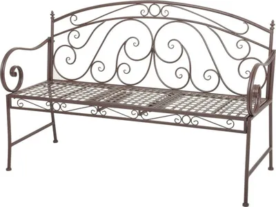 A brown metal garden bench with ornate scrollwork on a white background.