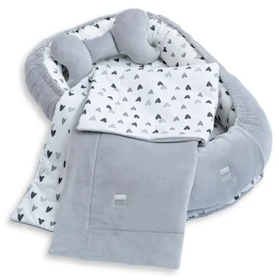 BABYNEST + DECKE + Kissen GRAU Samt Velour/ Herzchen Grau Baumwolle Nestchen