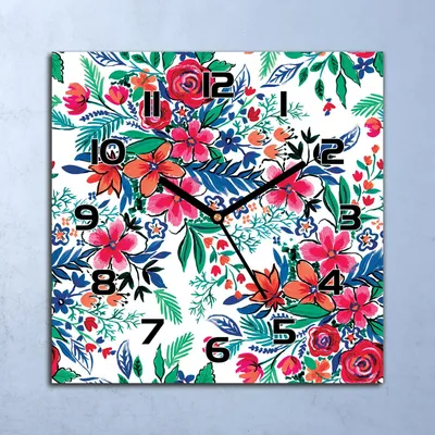 Produktbild von Wanduhr Echt-Glas-Küchenuhr Bunte Blumen Quarz Lautlos 30x30 Deko Bilder