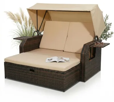 Produktbild von Mucola Strandkorb Rattan Sonnenbett mit verstellbarem Dach Polyrattan Sonnenliege Liegebett Relaxliege Gartenliege Gartenmöbel - Braun