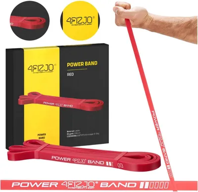 A red resistance band is shown, with packaging and close-up views.