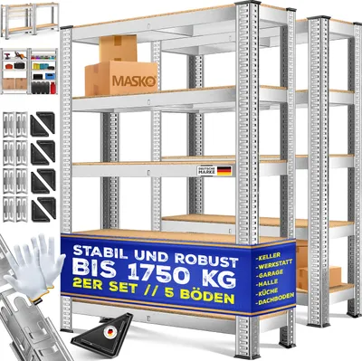 Produktbild von MASKO® 2er-Set Lagerregal Schwerlastregal, Kellerregal, verstellbare Ablagen, MDF-Platten Regal aus Metall, Steckregal, Werkstattregal, Keller, Garage