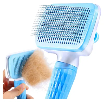 Produktbild von Hundebürste und Katzenbürste für langes und kurzes Fell, Haustierbürste mit Ein-Knopf-Reinigung, Blau