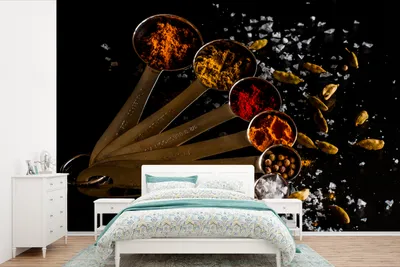 Produktbild von MuchoWow® Fototapete für Wohnzimmer oder Schlafzimmer Wandtapete Vinyl Motivtapete Gewürze - Löffel - Salz - Gewürze - Schwarz - 525x350 cm - Das Hintergrundbild