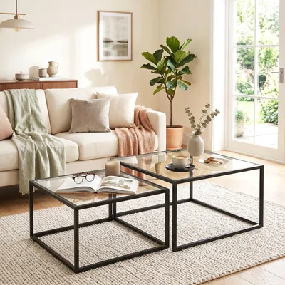 Produktbild von Couchtisch 2er-Set Runder Satztisch, Glastisch Beistelltisch, gehärtetes Glas Metallrahmen, Schwarz | 75x75x42 cm | bis 10 kg