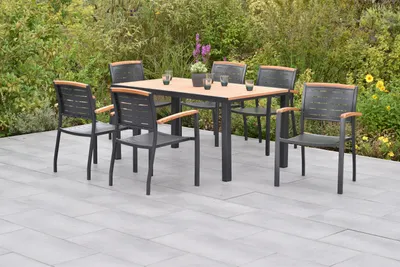 Produktbild von Merxx Gartenmöbel Set Tinos 7tlg., 6 Stapelsessel, Tisch 150 x 90 cm- Aluminium/Akazie